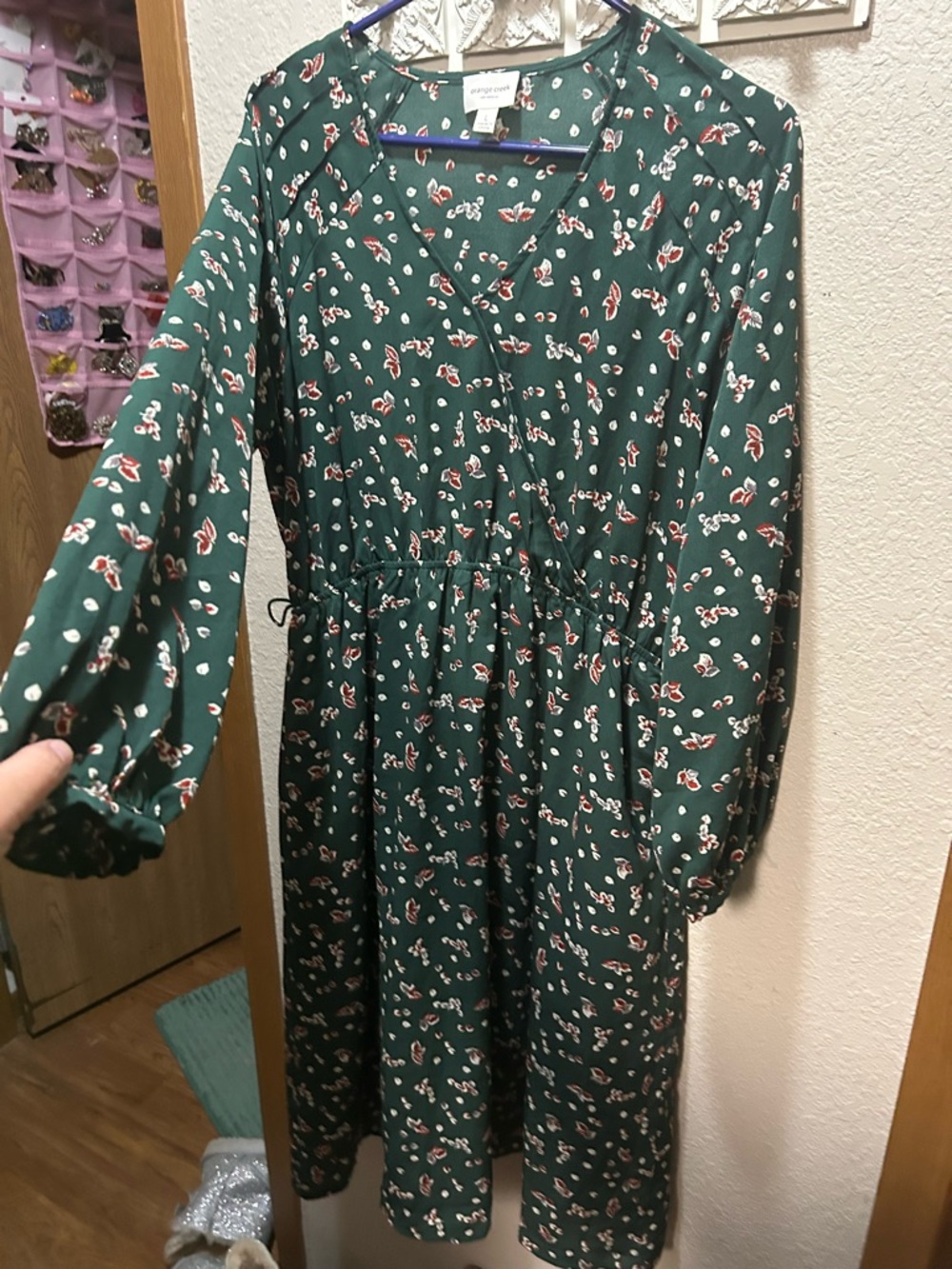 orange creek Dark Green Floral Midi Dress with Red and White Accents